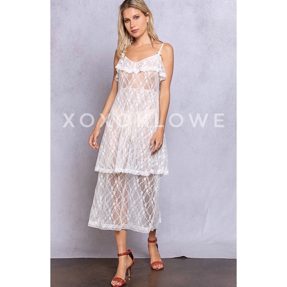 POL Sheer Lace Layering Slip Dress Spaghetti Straps Tiered Skirt - Picture 11 of 11